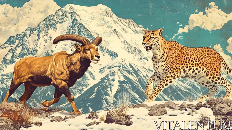 Wildlife Illustration of Goat and Leopard AI Image