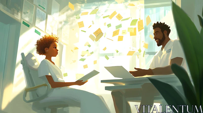 Sunlit Office Conversation with Floating Notes AI Image