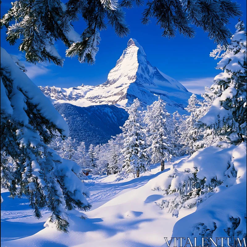 AI ART Winter Mountain Scenery with Snow Covered Trees