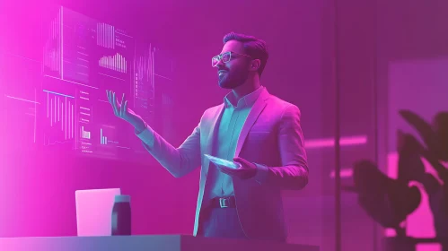 Man Presenting Data in Neon Office