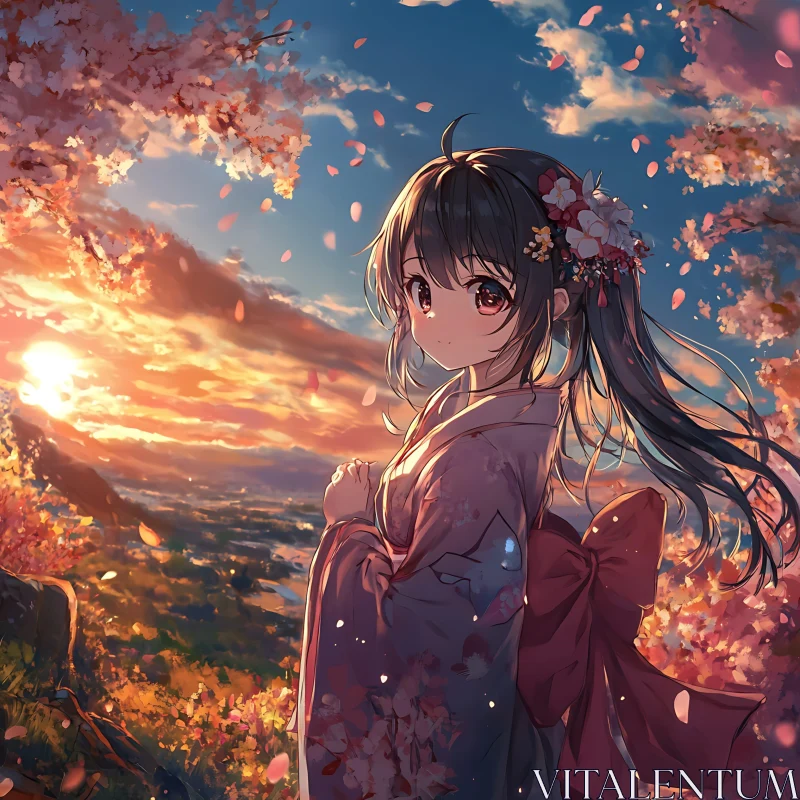 Anime Kimono Girl at Sunset AI Image