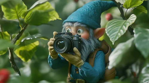 Whimsical Gnome with Camera in Forest