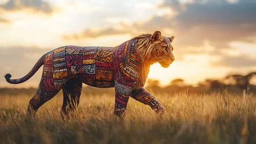 Lion with Tribal Patterns at Sunset