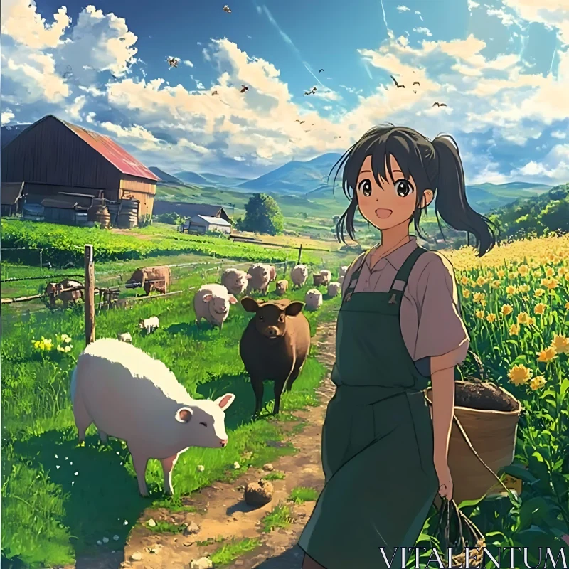 Cheerful Anime Girl on a Farm AI Image