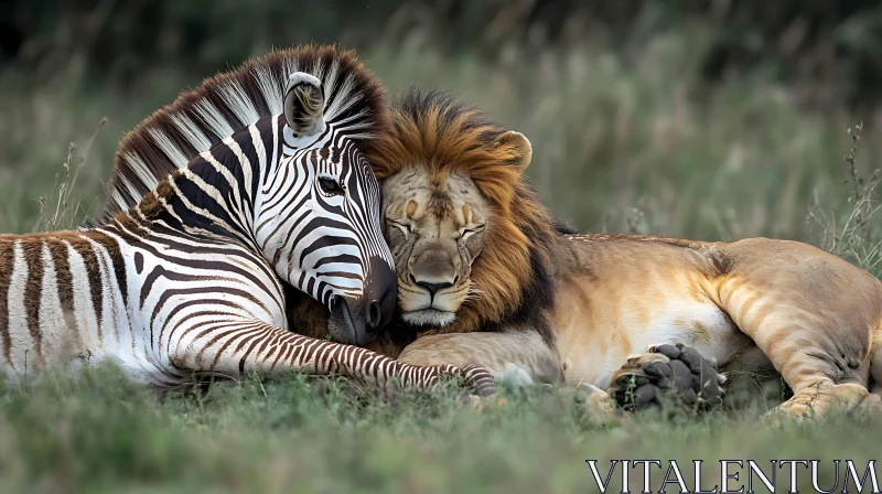 Lion and Zebra Resting AI Image