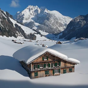 Snow Covered Cabin in the Mountains