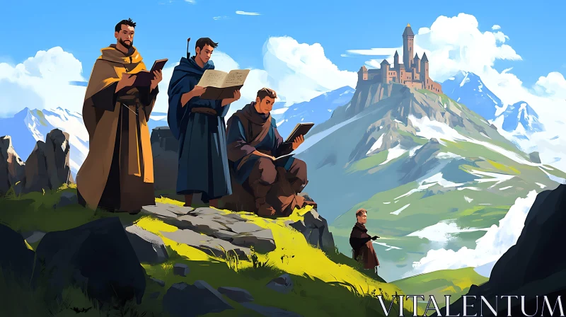 Scholarly Monks at Mountain Retreat AI Image