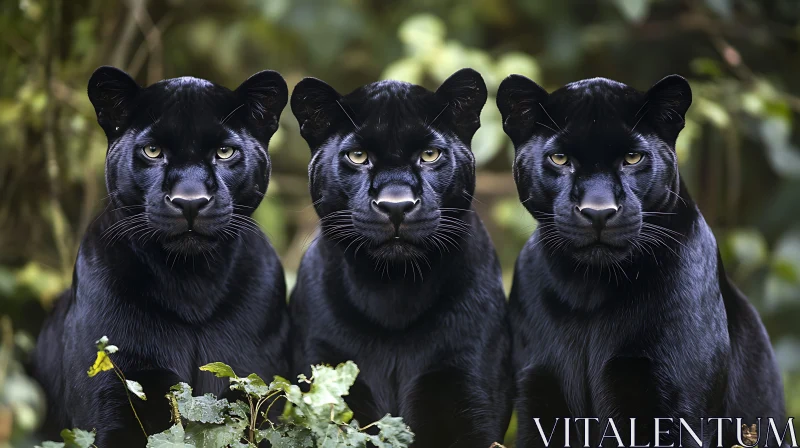 Triple Panthers in Greenery AI Image