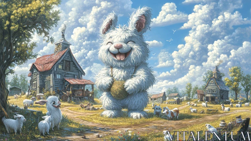 Whimsical Farm Scene with Smiling Rabbit AI Image