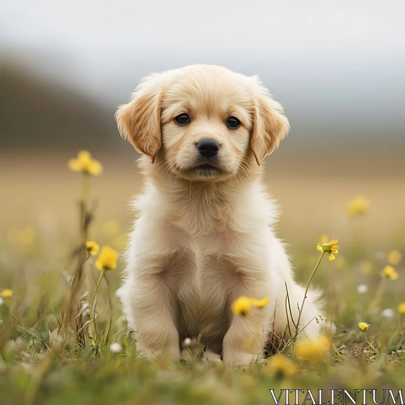 Cute Puppy Surrounded by Yellow Flowers in Nature AI Image