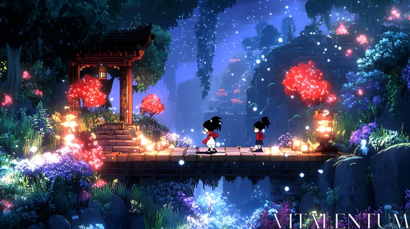 Nighttime Fantasy Scene with Illuminated Bridge and Characters AI Image