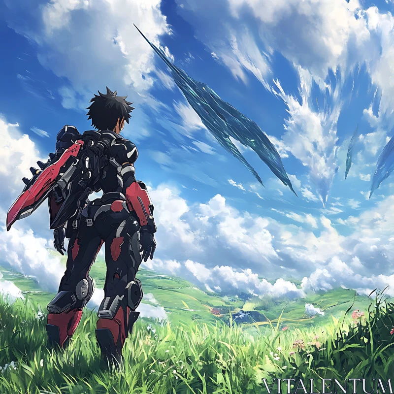 Epic Anime Mecha Standing Amidst Verdant Fields AI Image