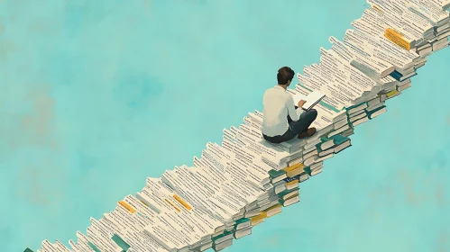 Man Reading Atop Stacked Books
