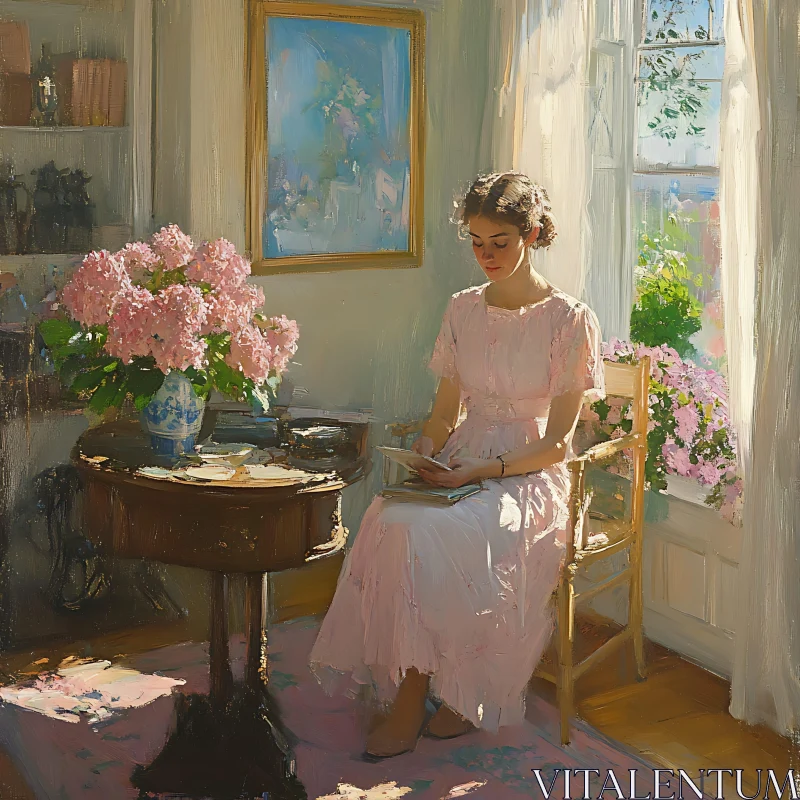 Elegant Woman Reading in Bright Room AI Image