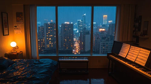 Serene Urban Bedroom at Night