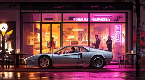 Nighttime Urban Scene with Neon Lights and Retro Car