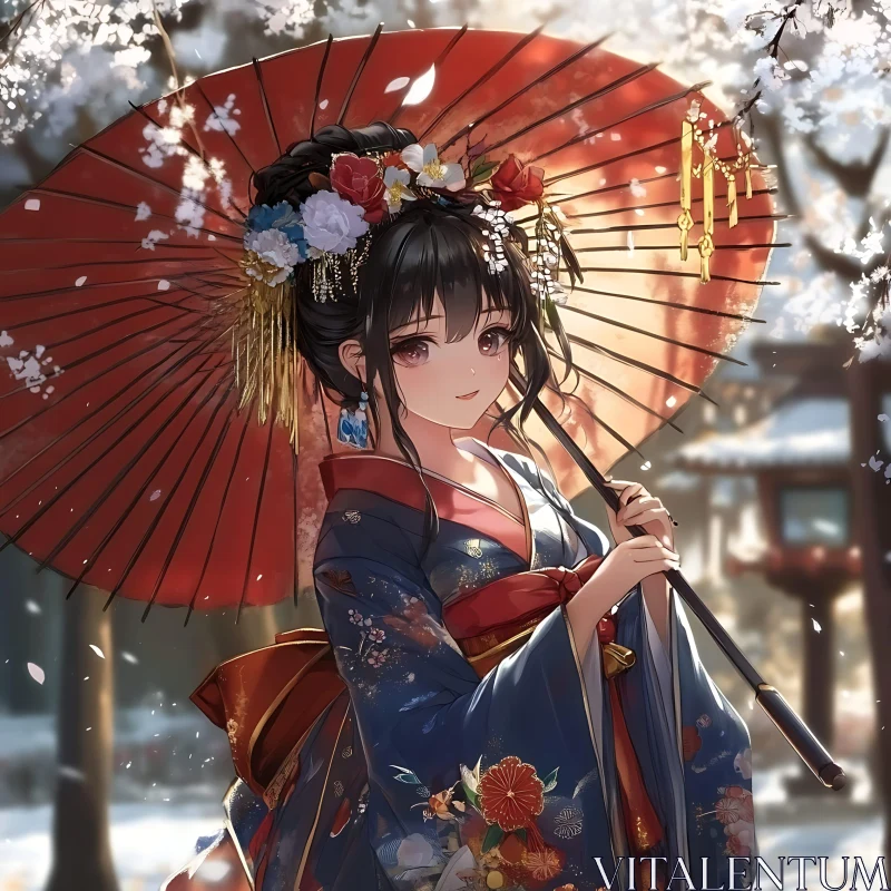 Anime Geisha under Blooming Cherry Blossoms AI Image