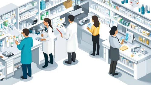 Pharmacy Interior with Doctors and Customers