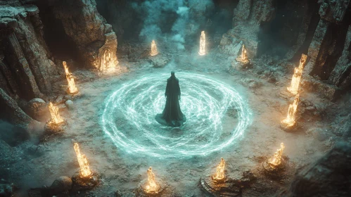 Mystical Ritual Scene with Cloaked Figure