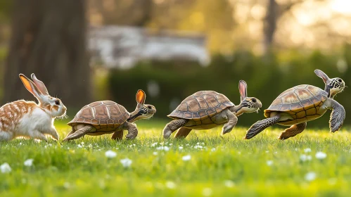 Rabbit and Turtles Running on Grass