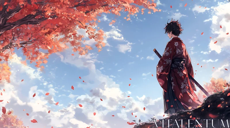 Lone Samurai in Autumnal Scene AI Image