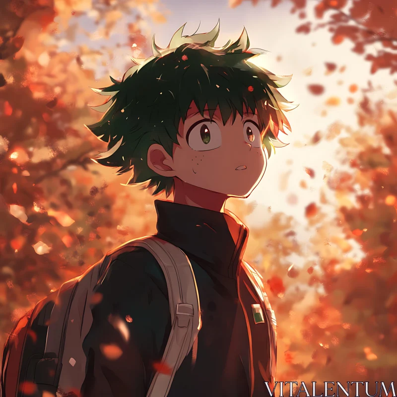 Green-Haired Anime Character in Autumn AI Image