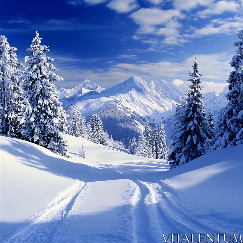 Snowy Mountain Landscape with Tire Tracks AI Image