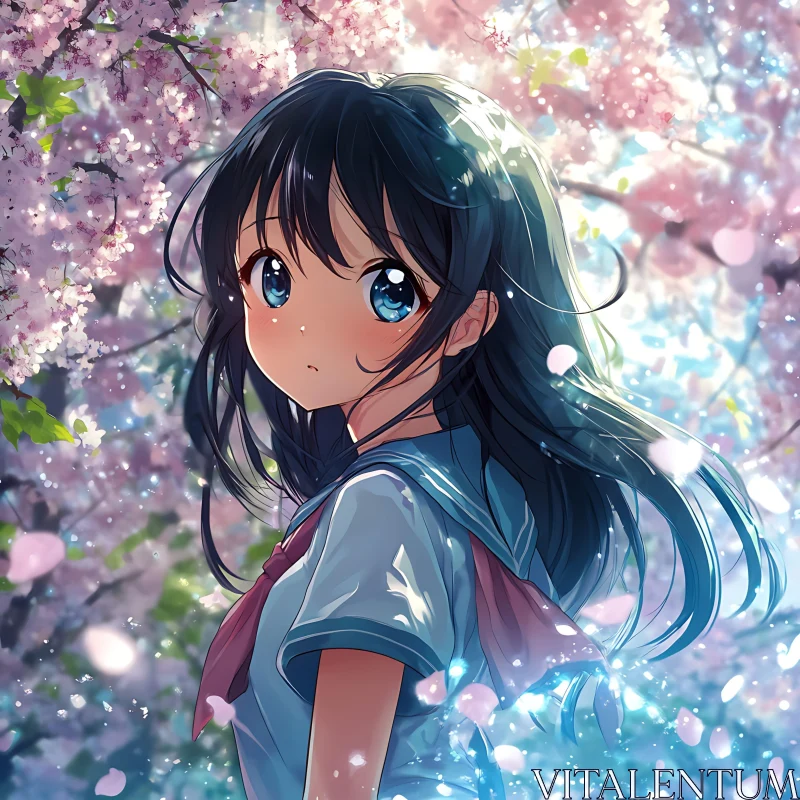 Blue-Eyed Anime Girl with Cherry Blossoms AI Image