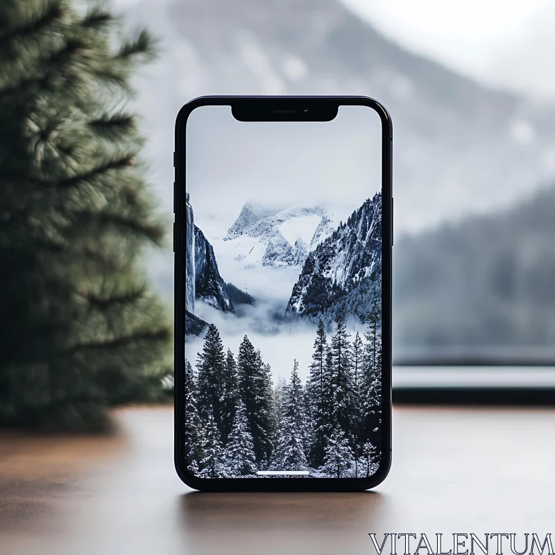 Snowy Peaks on Mobile Screen AI Image