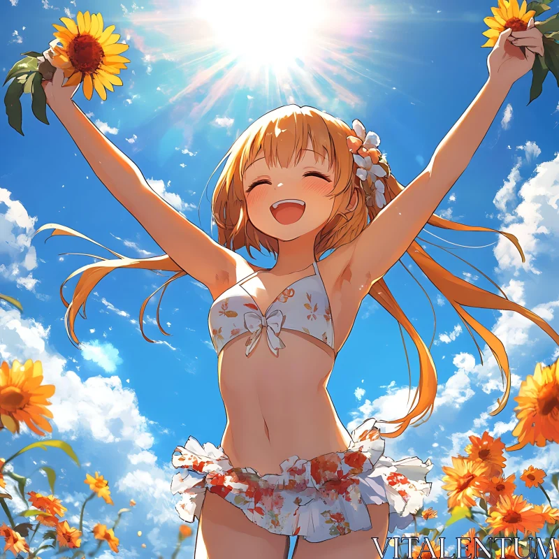 Happy Anime Girl Among Sunflowers AI Image