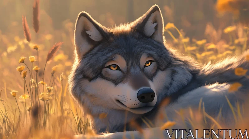 AI ART Resting Wolf in Meadow Illustration