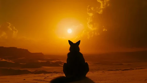 Sunset Silhouette of a Dog in Desert