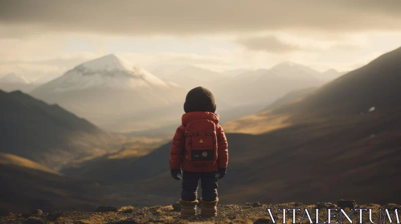 Boy Overlooking Majestic Mountain Landscape AI Image