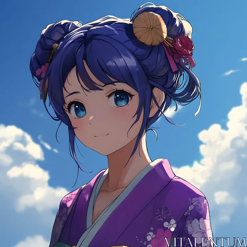 Anime Girl with Blue Hair in Kimono AI Image