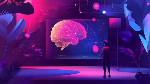 Abstract Neon Brain and Flora