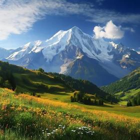 Snowy Mountain Peak over Green Valley