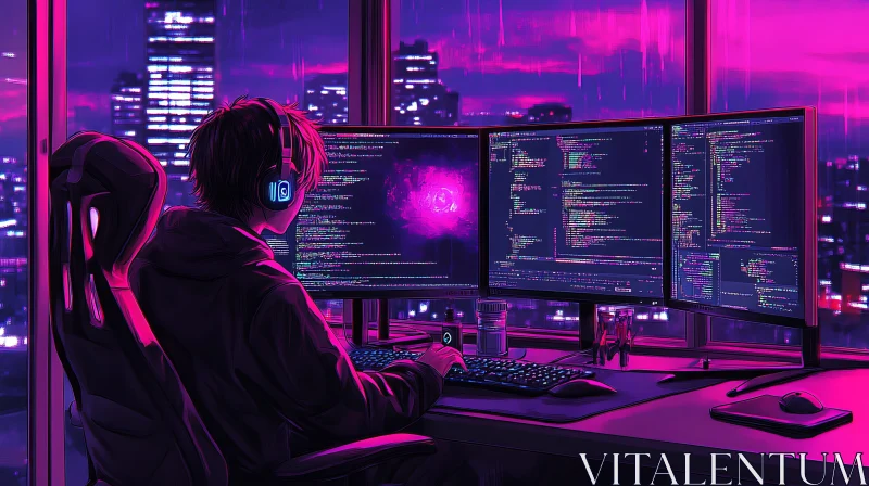 Coding in the Neon Night AI Image