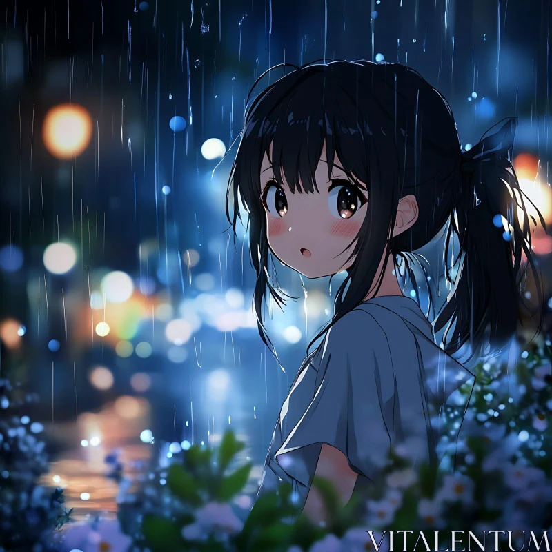 Surprised Anime Girl in Rainy Night AI Image