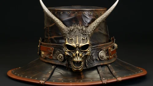 Skull in Leather Hat with Horns and Horn Plates - Dracopunk Art