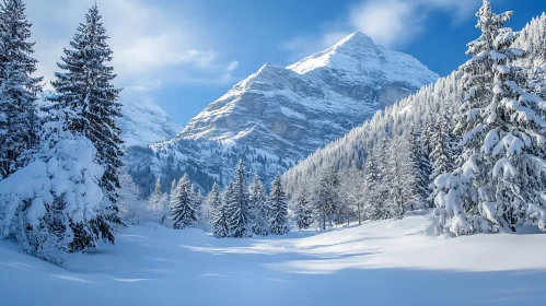 Winter Scene with Snow-Capped Mountains