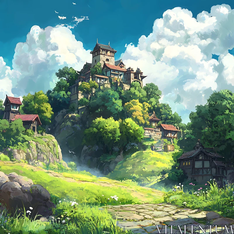 Towering Castle Amidst Lush Forest AI Image