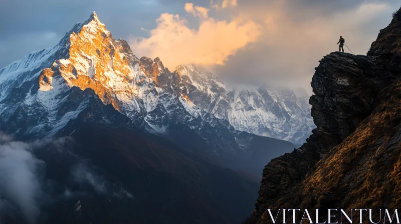 Hiker on Mountain Peak at Sunset AI Image