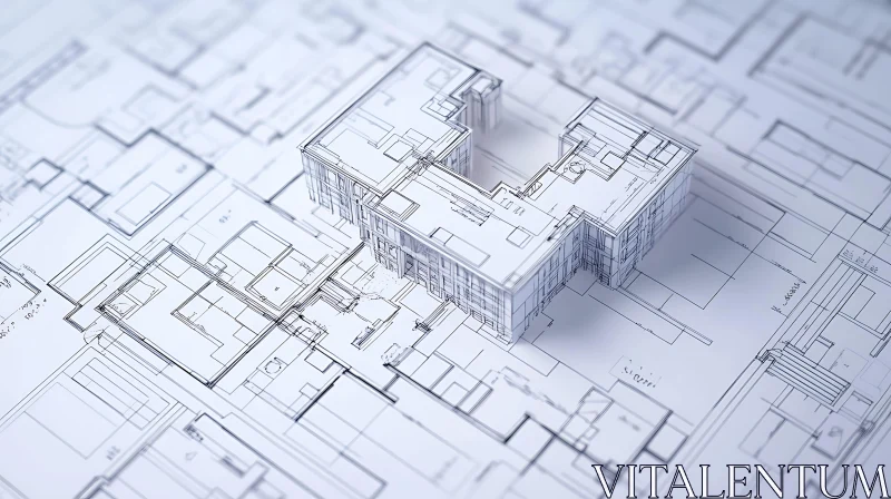 3D Building Model on Detailed Blueprints AI Image