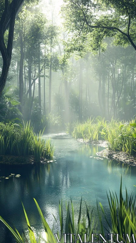 Tranquil Blue Stream in Lush Green Forest AI Image