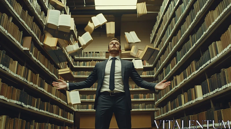 Man Surrounded by Floating Books AI Image