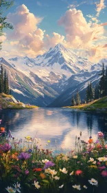 Serene Lake with Mountain and Blooming Flowers