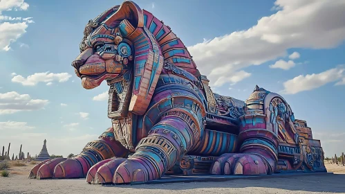 Stylized Sphinx Sculpture in the Desert