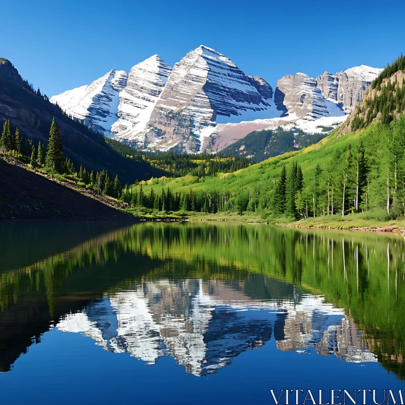 Snowy Peaks Reflected in Mountain Lake AI Image