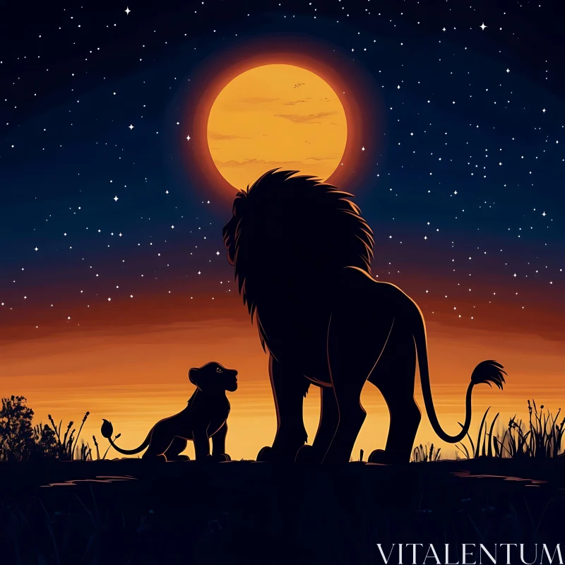 Night Scene with Lion Family AI Image