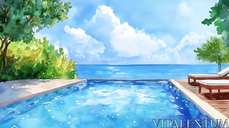 AI ART Watercolor Pool with Sea View